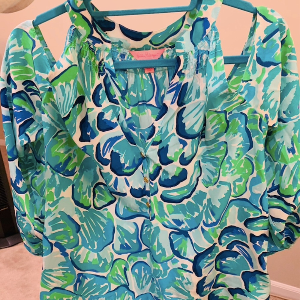 Lilly Pulitzer Cold Shoulder Silk Blouse Top - Picture 2 of 3